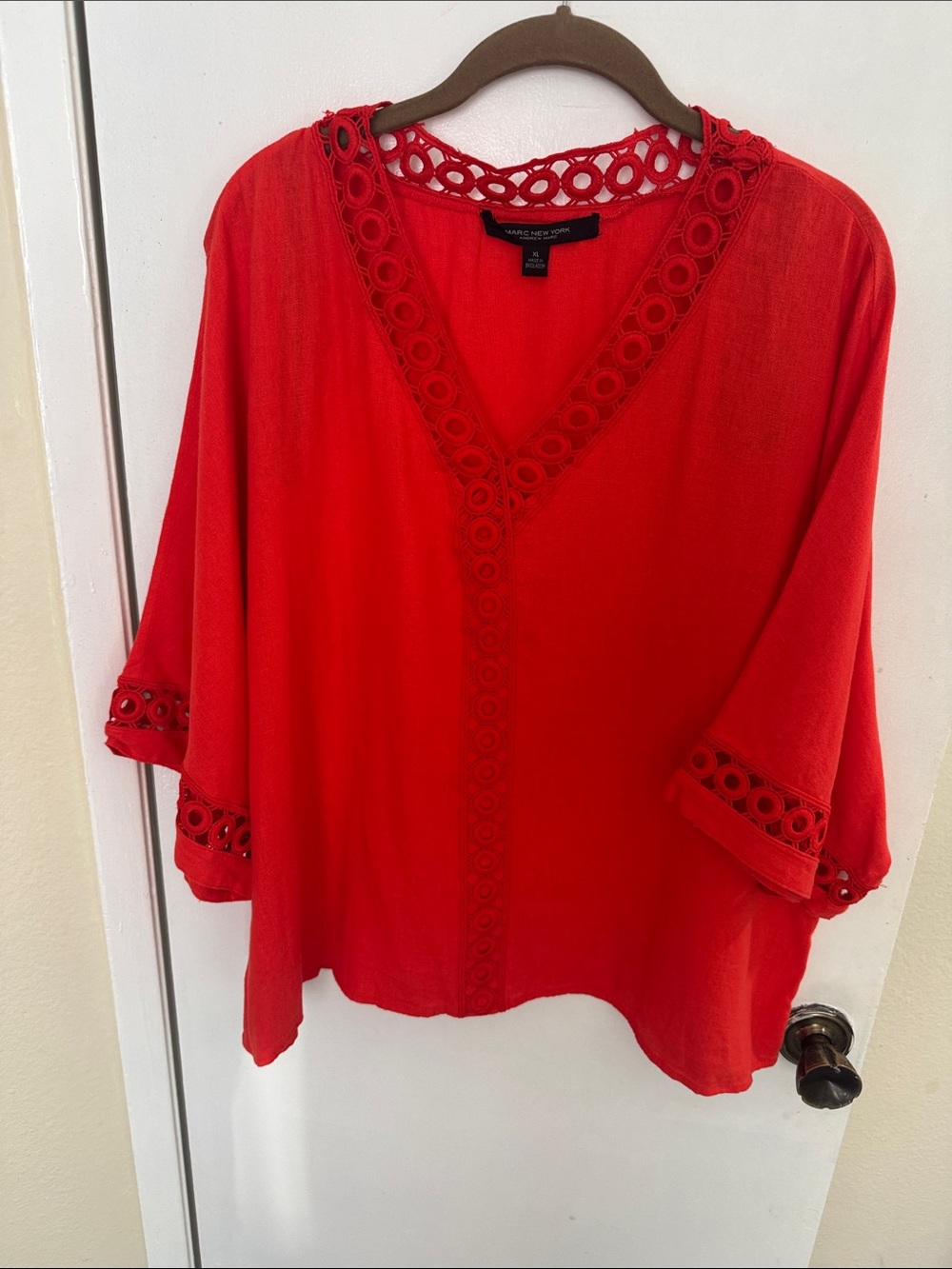 Marc New York Bright Red V-Neck Crochet Trim Tunic